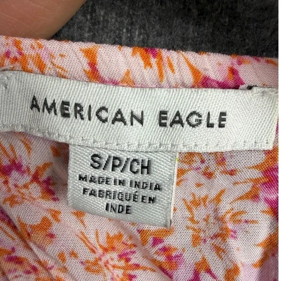 American Eagle Small Silky Tie-Front Mini Dress Pink Orange Floral Summer - Picture 3 of 8